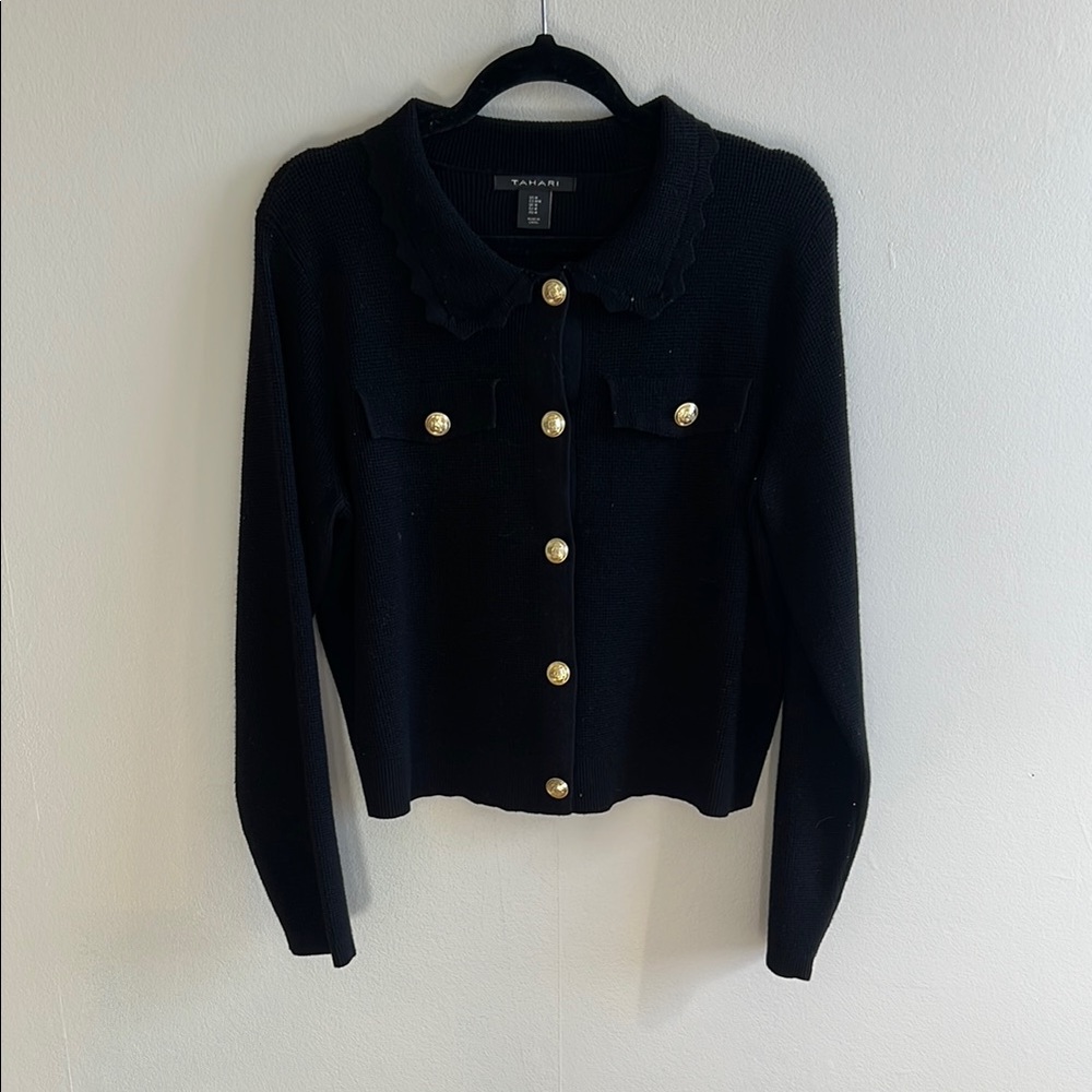 Tahari Black and Gold Cardigan with Structured Collar